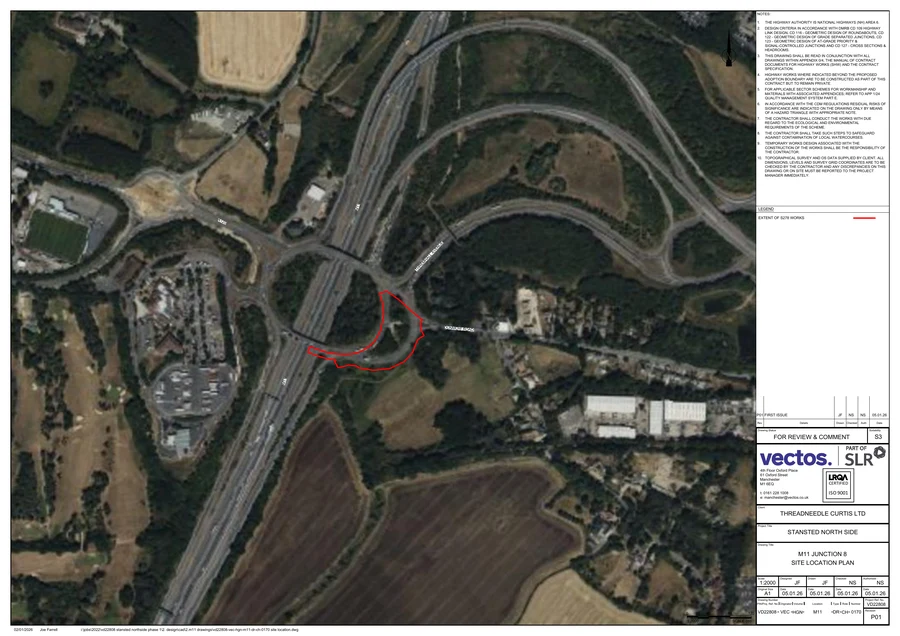 M11 Junction 8 location plan drawing. A text description is provided alongside.
